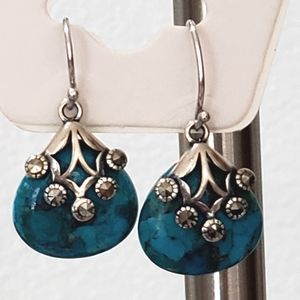 Vtg Felicia Design Sterling Marcasite Genuine Turquoise Drop Earrings